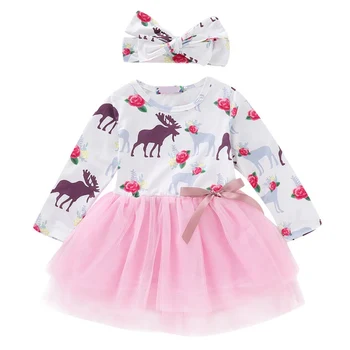 

Autumn Casual Baby Girls Dress Floral Elk Long Sleeve Kids Princess Patchwork Mesh Dresses