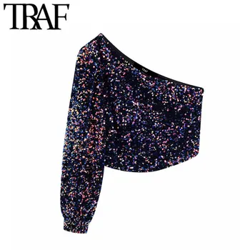 

TRAF Women Vintage Sexy One Shoulder Sequin Irregular Blouses Fashion Skew Collar Long Sleeve Female Party Shirts Chic Crop Top