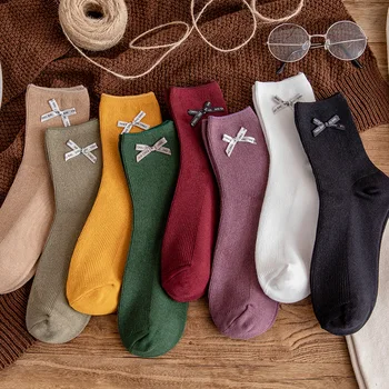 

2020 autumn Trendy women's socks bow-knot double needle pile socks candy color tube socks happy funny socks