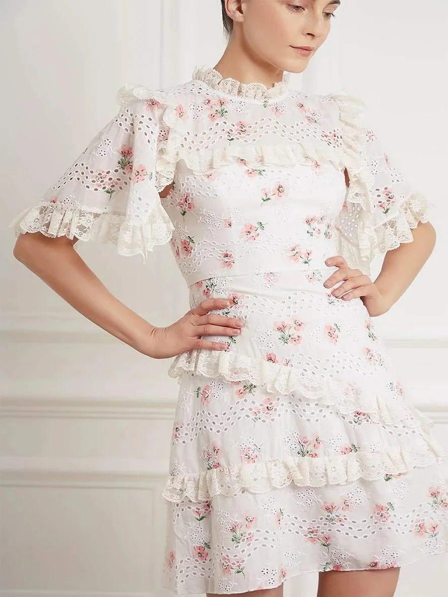 

Summer ladies cotton and linen embroidery lace hollow sexy dress 2020New women's short sleeve ruffled elegant pleated dress XL