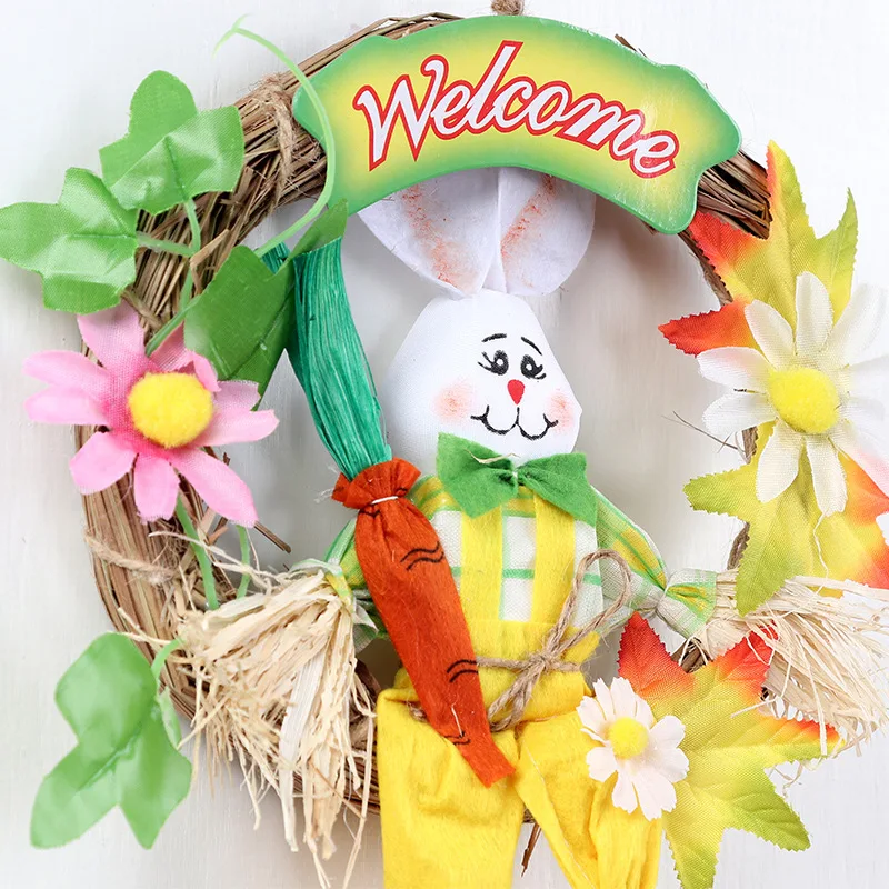 

2021 Cute Easter Straw Rabbit Bunny Garland Scarecrow Kindergarten Color Animal Holiday Decorations Home Garden Wedding Ornament