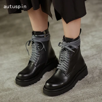 

autuspin Fashion Cow Leather Women Motorcycle Boots Winter Autumn Classics Cross Tied Chunky Shoes Genuine Leather Casual Boots