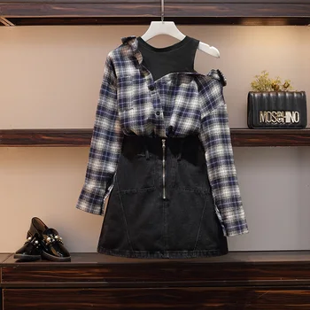 

plus size skirt 2 piece set women korean 5XL off shoulder plaid tops and denim skirt set for women long sleeve two piece set 5XL