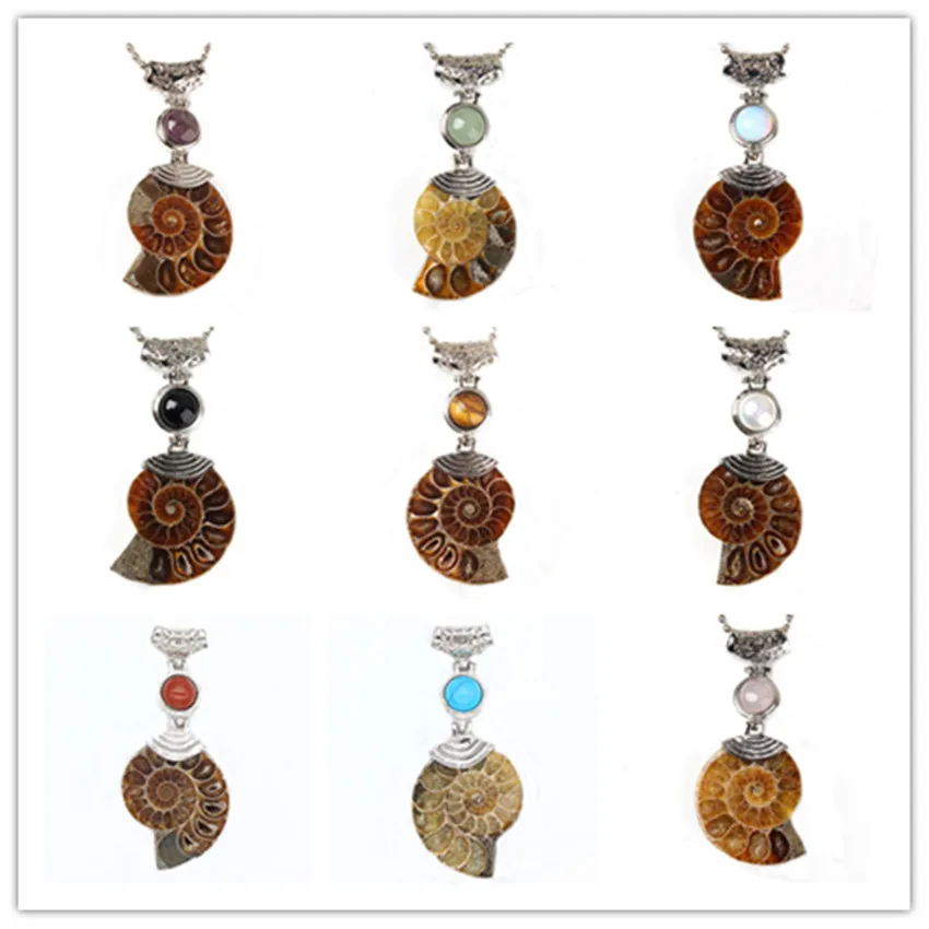 

100-Unique 1 Pcs Silver Plated Ammonite Reliquiae Many Color Round Stone Beads Pendant Charm Jewelry