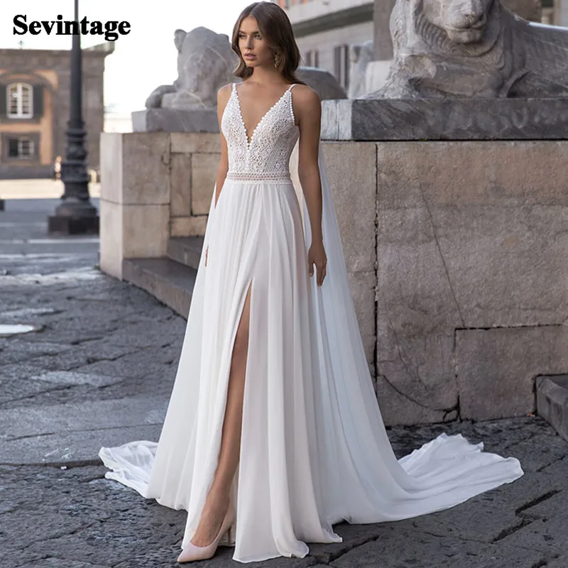

Sevintage Charming Boho Wedding Dress with Shawl Sexy High Split Bohemian Lace Bride Dress Chiffon Beach Bridal Gown Princess