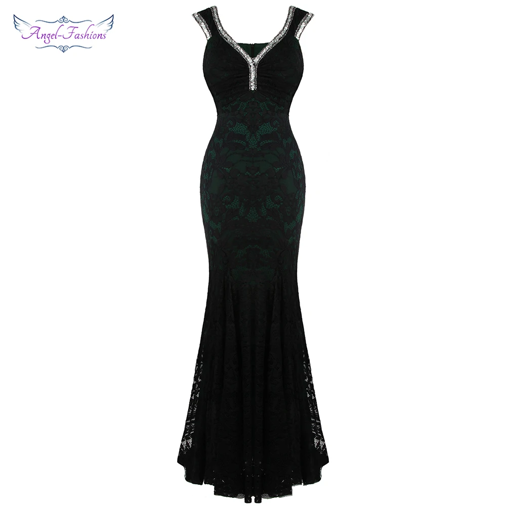 

Angel-fashions Women's With Strap Pleated Floral Lace Evening Dress Long Formal Party Gown J-191110-S