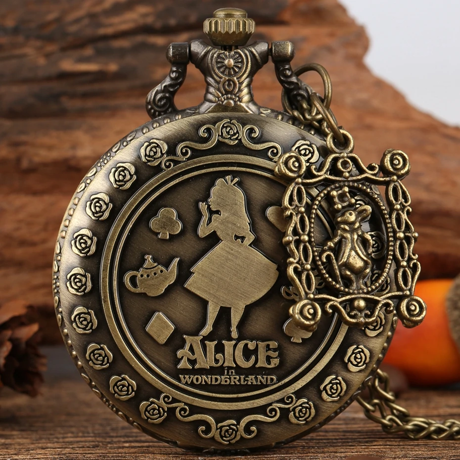 Retro Bronze Dream Alice in Wonderland Rabbit Poker Carousel Accessory Quartz Pocket Watch Chain Necklace Pendant for Girl Women