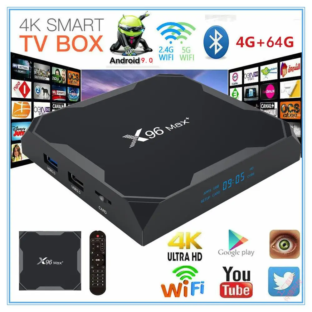 X96 Max+ смарт ТВ BOX Android 9,0 Amlogic S905X3 4 ядра, 4 Гб 64 Гб 2,4 г& Wi-Fi 5 ГГц Wi-Fi, BT 1000M 8K IPTV Set-top BOX PK HK1 плюс H96