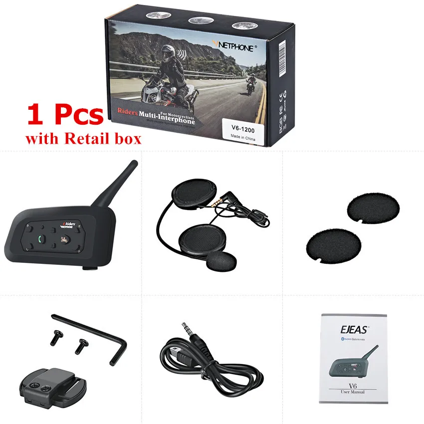 1 Pcs Retail box Vnetphone V6 мотоциклетный Bluetooth шлем рация 1200 м полнодуплексный BT переговорный для мотоциклетного шлема гарнитура 1/2 шт - Цвет: 1 Pcs Retail box
