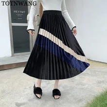 TOTNWANG женские модные плиссированные юбки с высокой талией Зимние Лоскутные цвета велюровые женские миди юбки повседневные эластичные женские юбки трапециевидной формы