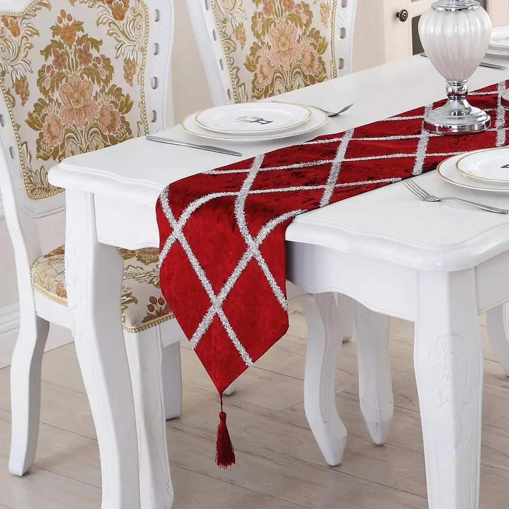 European Velvet Table Runner Fashion Diamond Lattice Velvet Table Runners Wedding Shining Plaid Table Cloth Covers