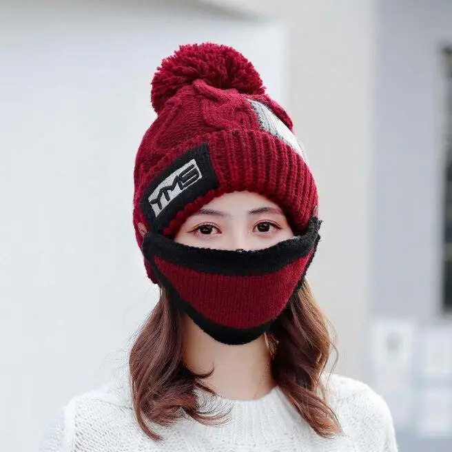 Women's Winter Scarf Hat Sets Hats Knitted Face Protection Mask 3 Pieces Set Balaclava Skullies Beanies Ski Beanie Warm Thick - Цвет: wine red