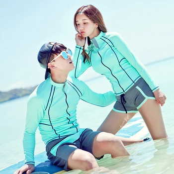 

Couple Swimwear Rash Guards Men 2 Piece Swimsuit Shirt Shorts Sky Blue Women 3 Piece Vest Shirt Shorts Surfing Diving Wetsuits