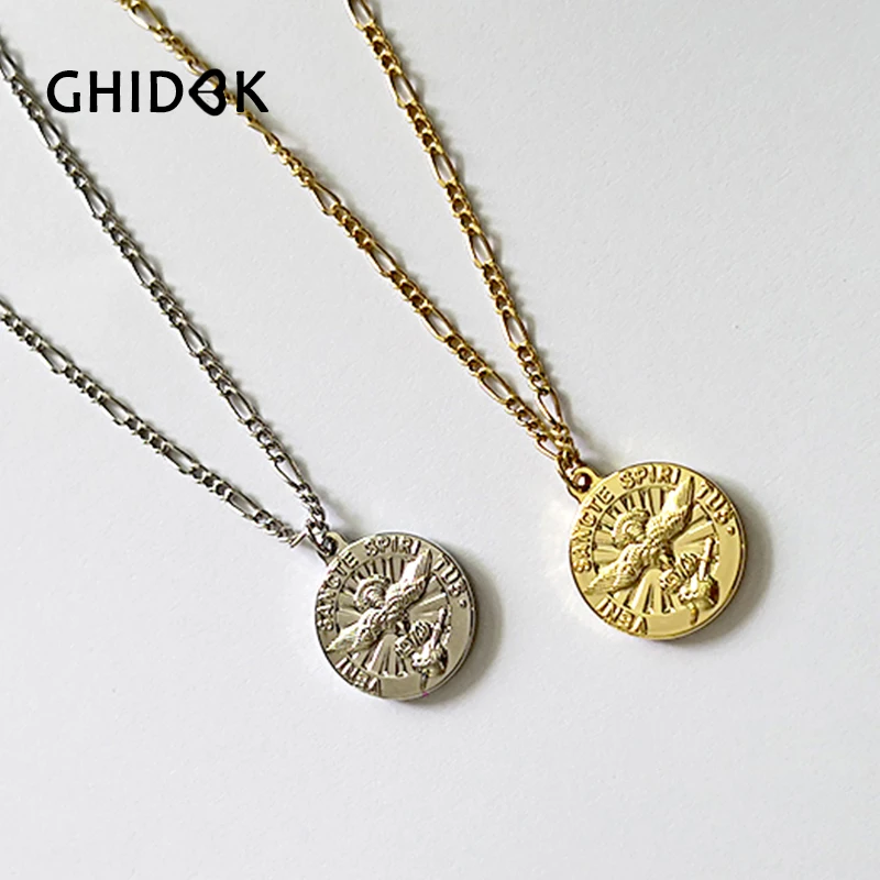 

GHIDBK Gold Silver Holy Spirit Sacred Heart Coin Brass Necklaces Women Religious Peace Dove Chokers Delicate Double Sided Choker