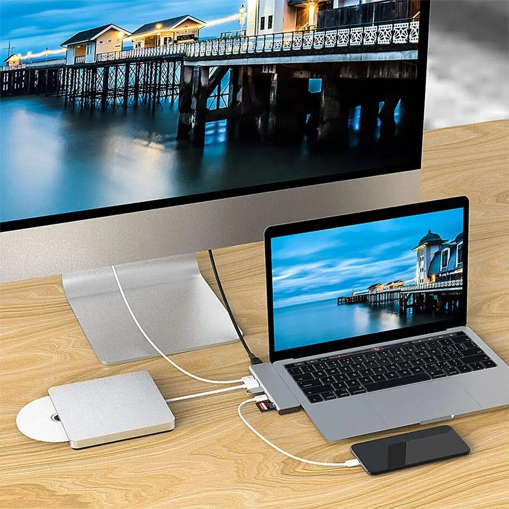 7 в 1 тип-c концентратор адаптер двойной USB-C двойной USB3.0 концентратор к HDMI SD/TF кард-ридер PD многофункциональная док-станция для MacBook Pro
