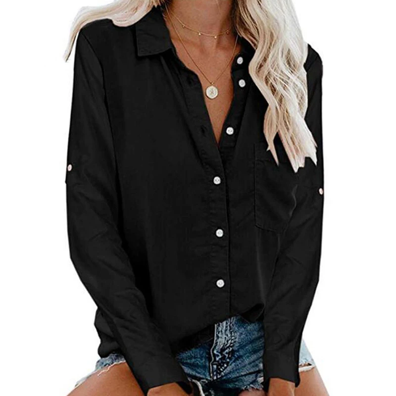 Женские топы блузки 2020 длинный рукав отложной воротник Офисная белая блузка