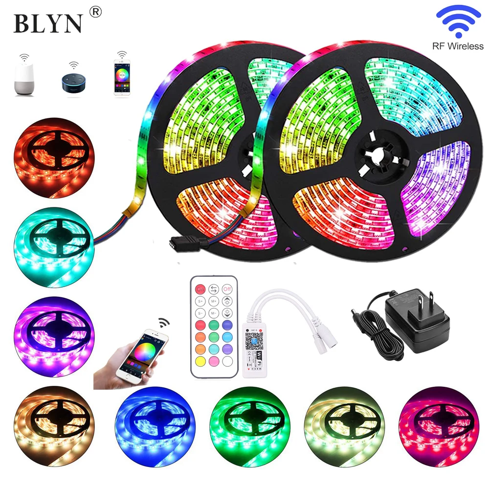 US $10.49 WIFI RGB LED Strip Lights With RF Remote Google Home Alexa App Control Music Sync 5050 RGB LEDStrip 5m 10m Ribbon 12V Adapter