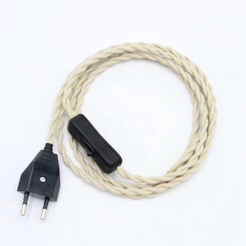 Beige Винтажный шнур питания, штепсельная вилка европейского стандарта, электрическая линия питания с переключателем, витой кабель длиной 2 метра - Цвет: Beige