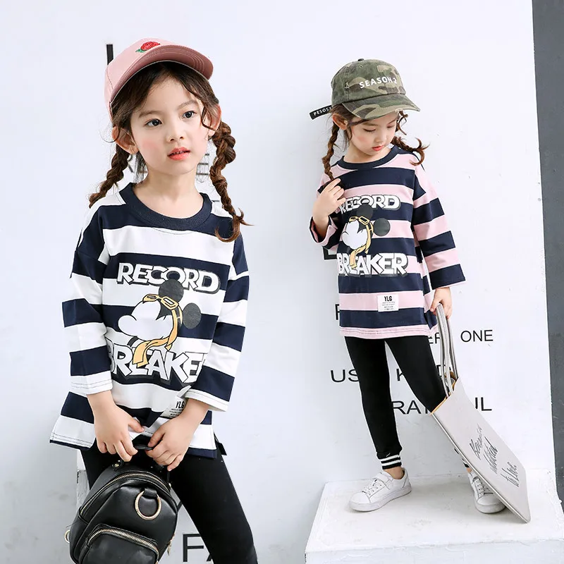 Mickey T-shirt Baby Girl Clothes Autumn New Fashion Long Sleeve Tees Tops Kids Clothes Children Catoon Mickey Striped Girl Tops