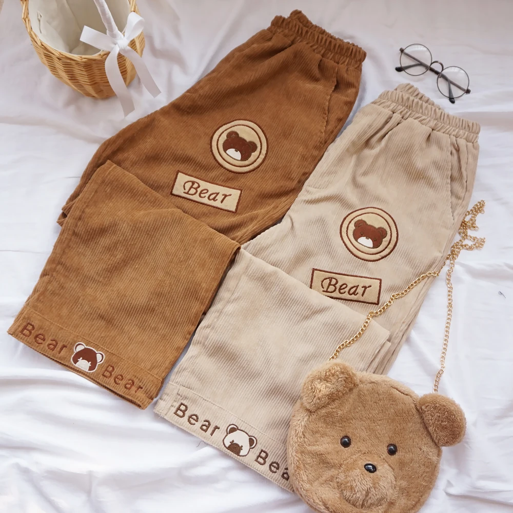 Japanese Autumn Fashoin Preppy Style Women Pants Cartoon Bear Embroidery Corduroy Pants Students Girls Straight casual pants Japanese Autumn Fashoin Preppy Style Women Pants Cartoon Bear Embroidery Corduroy Pants Students Girls Straight casual pants