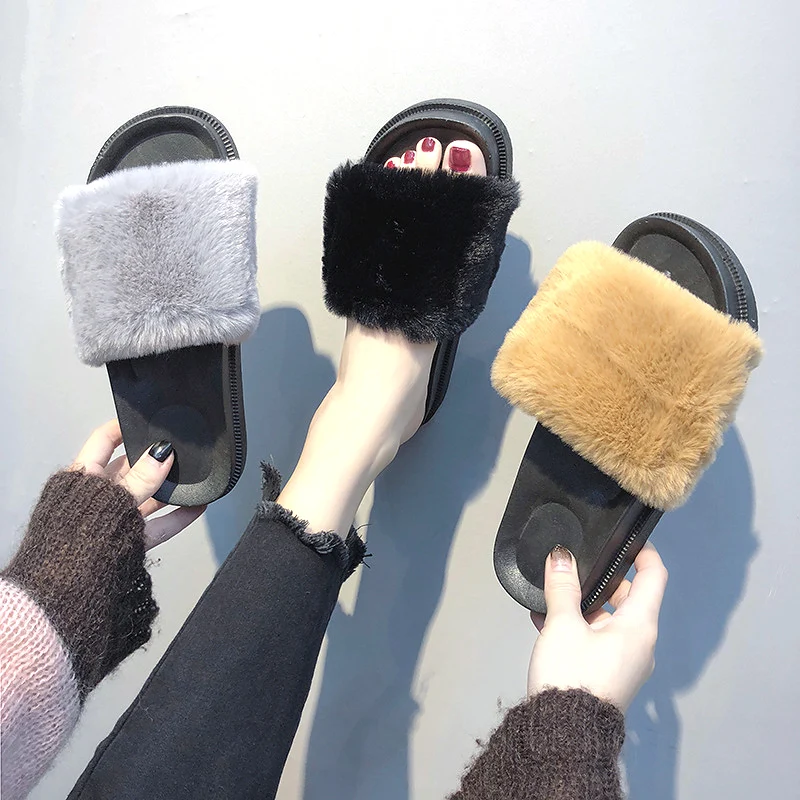 

Women Fluffy Slippers Spring Autumn Winter Warm Fur Shoes Woman Thick Soled Slippers Home Slides Ladies Furry Ladies Outdoor