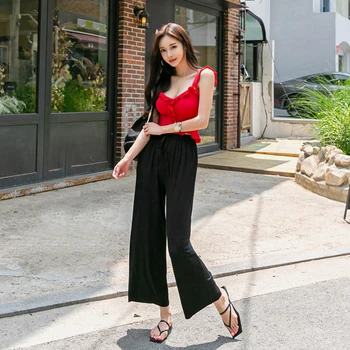 

New arrival women temperament 2 pieces set Spaghetti Strap basic t-shirt and solid pant fashion party high quality ol women set