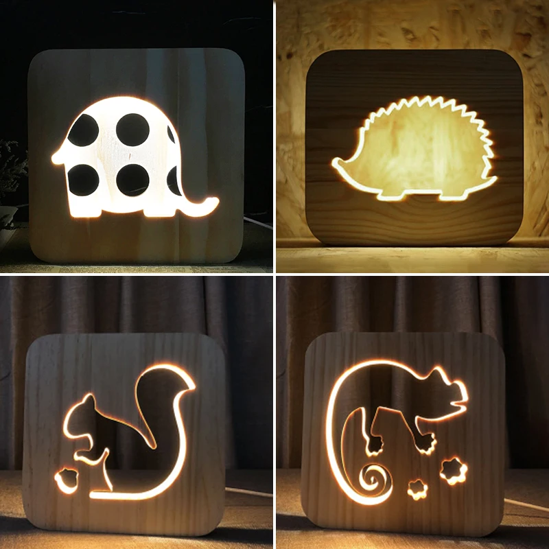 Customizable LED Creative USB Night Light Wooden Elephant Dog Paw Cat Animal Lamp Bedroom Decoration Table Desk Lamp Kids Gift