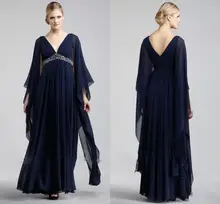 Navy Blue Chiffon Formal Mother Of Bride Dresses V Neck High Waist Beaded Floor Length Plus Size Prom Party Gowns vestidos