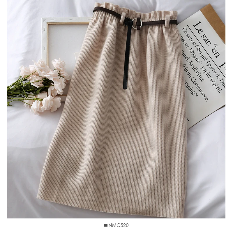 Women's Solid Skirts Autumn Winter Korean High Waist Elastic Waist Sexy Midi Pleated Skirt A-line Woman Falda LS259