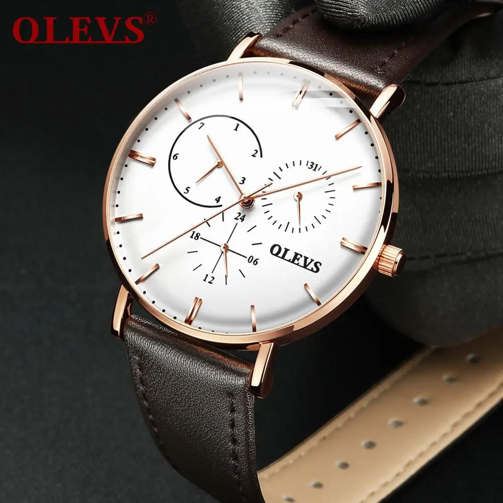 OLEVS, мужские часы, Топ бренд, Роскошные Кварцевые часы для мужчин, календарь, Бизнес Стиль, повседневные, Relogio Masculino, водонепроницаемые мужские наручные часы - Цвет: Brown gold leather