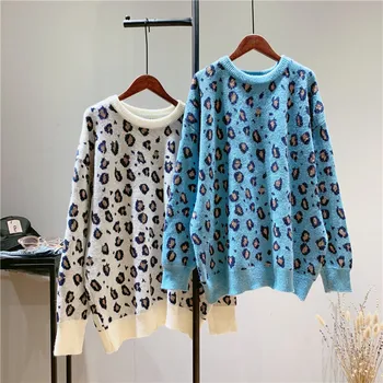 

Korean Golden Leopard Print Knitted Sweater Women Lazy Style Loose Pullovers Femme Jumper Autumn Winter Knit Pull Tops Outwear