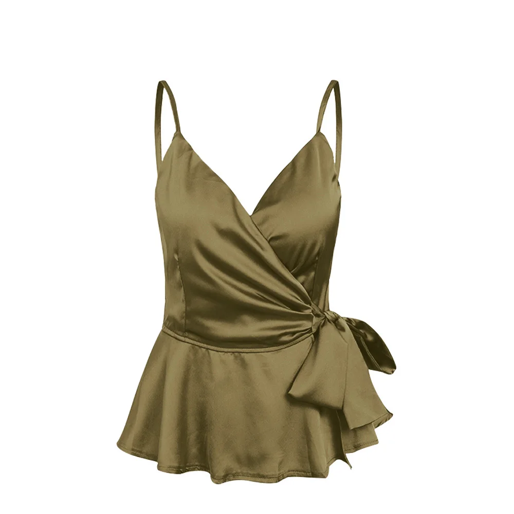 army green Летние женские атласные Топики, одноцветные топики с рюшами и бантом, с открытой спиной и v-образным вырезом, повседневный сексуальный топ, женские топики haut femme - Цвет: army green