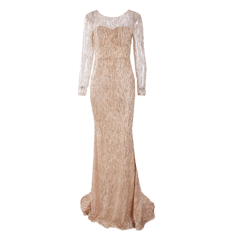 

Gold Glittered Evening Party Dress Full Sleeved Hollow Out O Neck Floor Length Shiny Long Dress