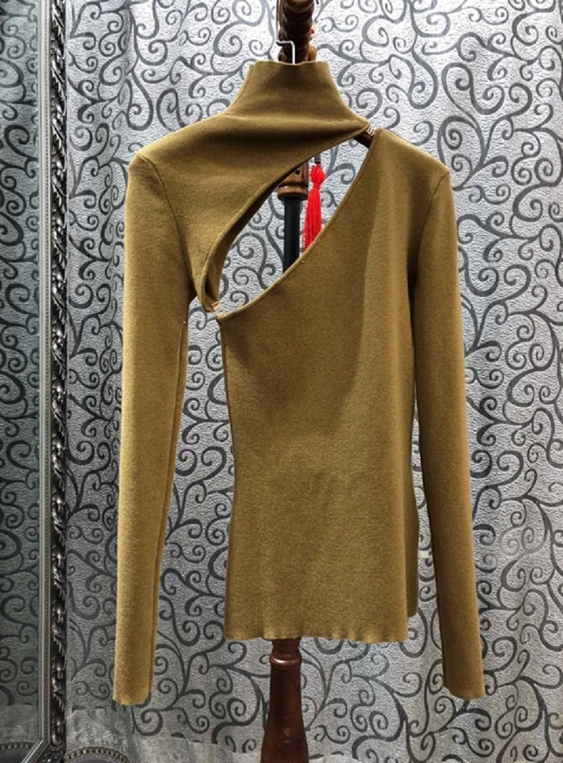 Turtleneck Sweaters Autumn Winter Casual Pullovers Women Hollow Out Sexy Long Sleeve Knitted Grey Black Brown Jumpers Lady
