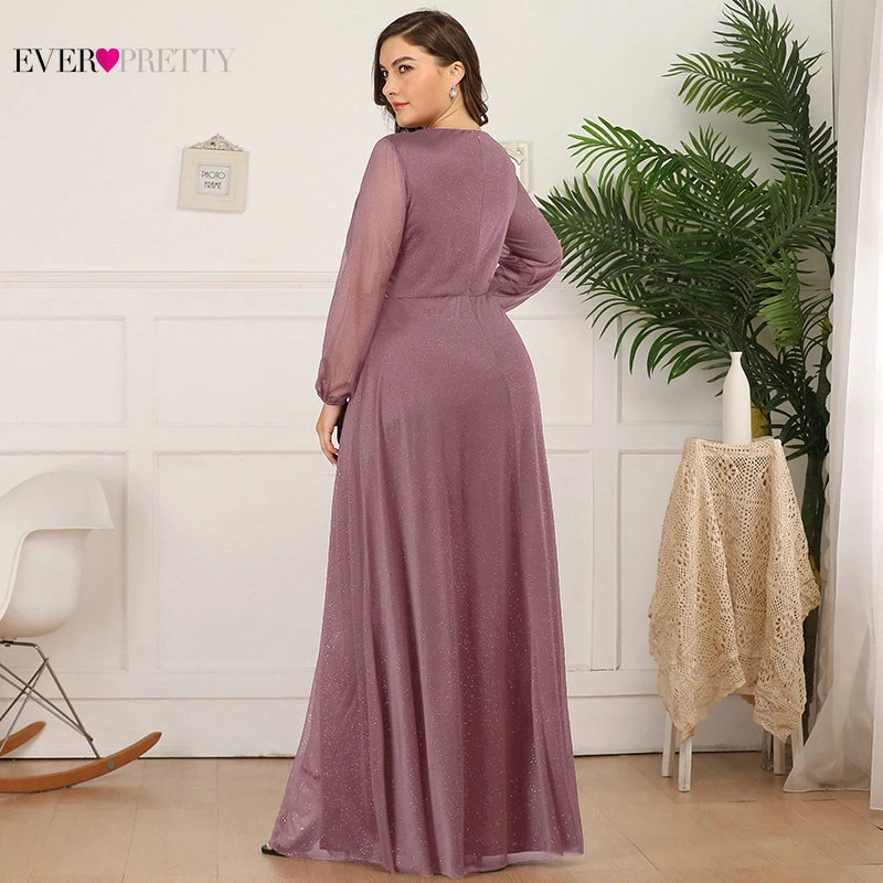 Plus Size Burgundy Prom Dresses Ever Pretty A-Line Deep V-Neck Side Split Long Sleeve Sexy Sparkle Formal Party Gowns Sukienki