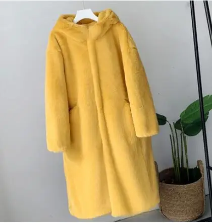 2 button yellow Пальто с мехом и искусственным мехом, зимняя теплая Модная женская куртка с капюшоном, новинка, большой размер, повседневное женское меховое пальто, верхняя одежда, NUW719 - Цвет: 2 button yellow