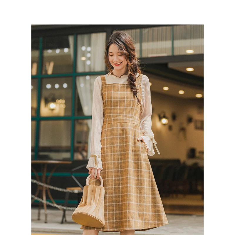 Beste Inman Winter Literaire Retro Vierkante Hals Koffie Plaid Vetersluiting Mouwloze Vrouwen Jurk