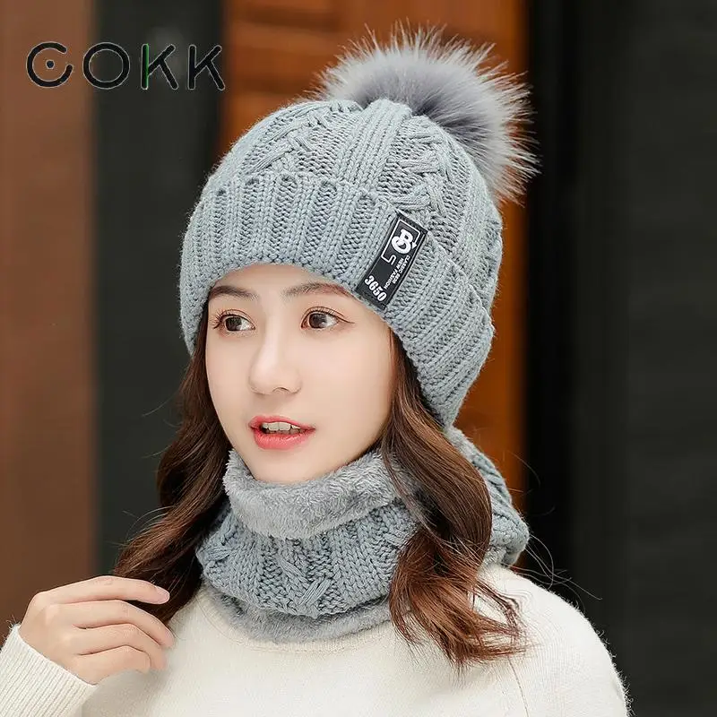 COKK зимняя шапка женская Корейская Вязаная Шерстяная бархатная Толстая теплая женская шапка и шарф воротники наборы для женщин