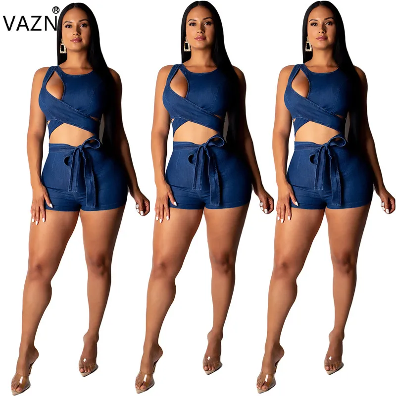VAZN/YY-5054, хит, горячая Распродажа, сексуальная открытая Новинка, модная синяя бандажная повязка на шее, крест-накрест, женские костюмы