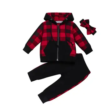 

Kids Baby Girl Red Plaid Outfits Autumn Clothes Zipper Hooded Coats Long Pants Headband 3Pcs Baby Girl Cotton Sets 0-3T