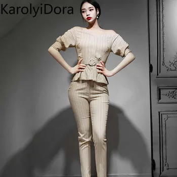 

Fashion 2020 Summer New Korean OL Temperament Two-piece Slim Sleeve Collar Top Striped Pants Set