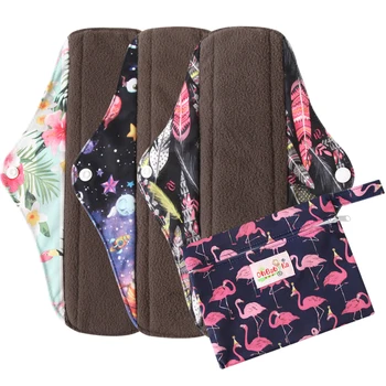 

Ohbabyka 3Pcs Set Woman Menstrual Pads Reusable Washable Panty Liner Charcoal Bamboo Layer Sanitary Pads with 1 Cloth Wet Bag