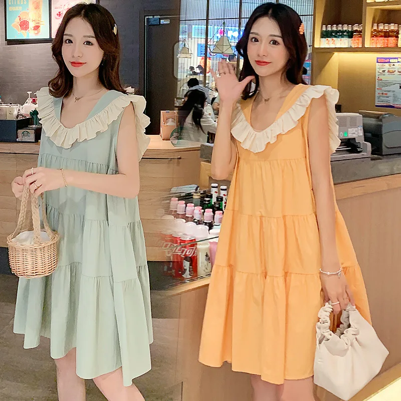 

Maternity Clothes 2019 Summer Maternity Dress Peter Pan Collar Hipster Comfortable Loose And Plus-sized Dress Women's