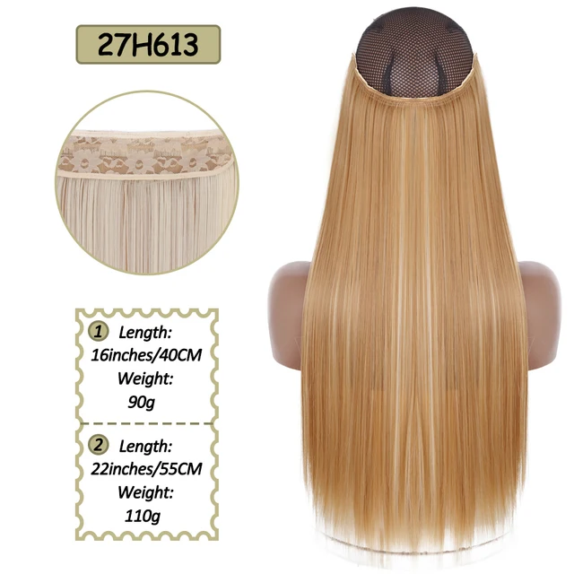 Synthetic No Clip Halo Hidden Hair Extension Ombre Artificial Natural Fake False Long Short Straight Hairpiece Blonde For Women 27H613