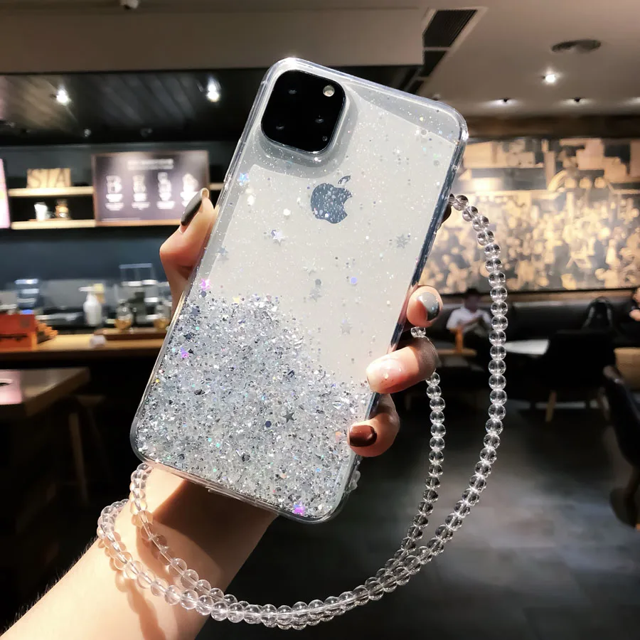 XingKong-Clear Мягкий чехол из ТПУ с блестящими звездами и блестками для iPhone 11 Por X Xr Xs Max 6 6s 7 8 Plus, чехол с ремешком на шею и цепочкой для переноски - Цвет: XingKong-Clear