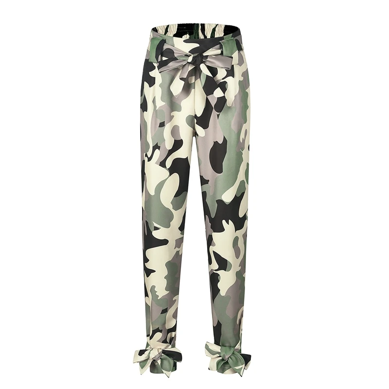 Pea Green Женские Модные свободные камуфляжные длинные штаны с высокой талией, женские повседневные уличные спортивные штаны, штаны для скалолазания с поясом - Цвет: Pea Green