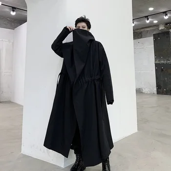 

2020Spring And Autumn New Dark Niche Lapels Lengthened Drawstring Personality Windbreaker Fashion Casual Solid Color Coat Jacket