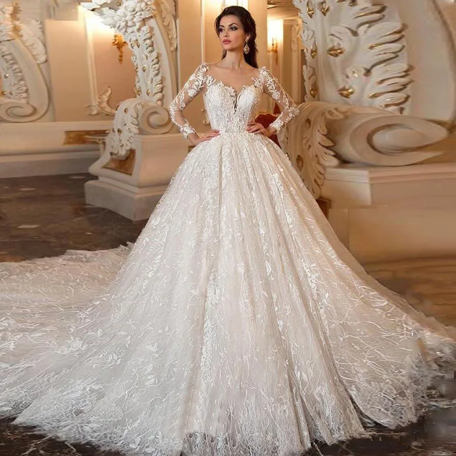 

Marvelous Tulle Scoop Neckline Long Sleeves Ball Gown Wedding Dress with Lace Appliques Beading Bridal Dress vestido de novia