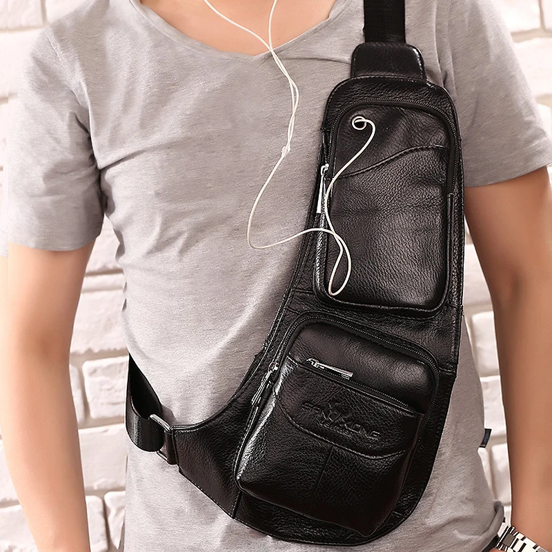 Quality Men Original Cow Leather Fashion Tringle Chest Pack Bag Design Male Sling Crossbody One Shoulder Backpack Daypack |