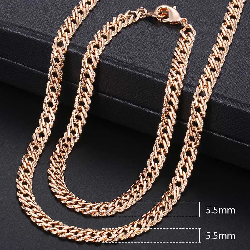 Jewelry Sets Men Women's 585 Rose Gold Color Bracelet Necklace Set Double Curb Cuban Weaving Bismark Chain Wedding Gift KCS04